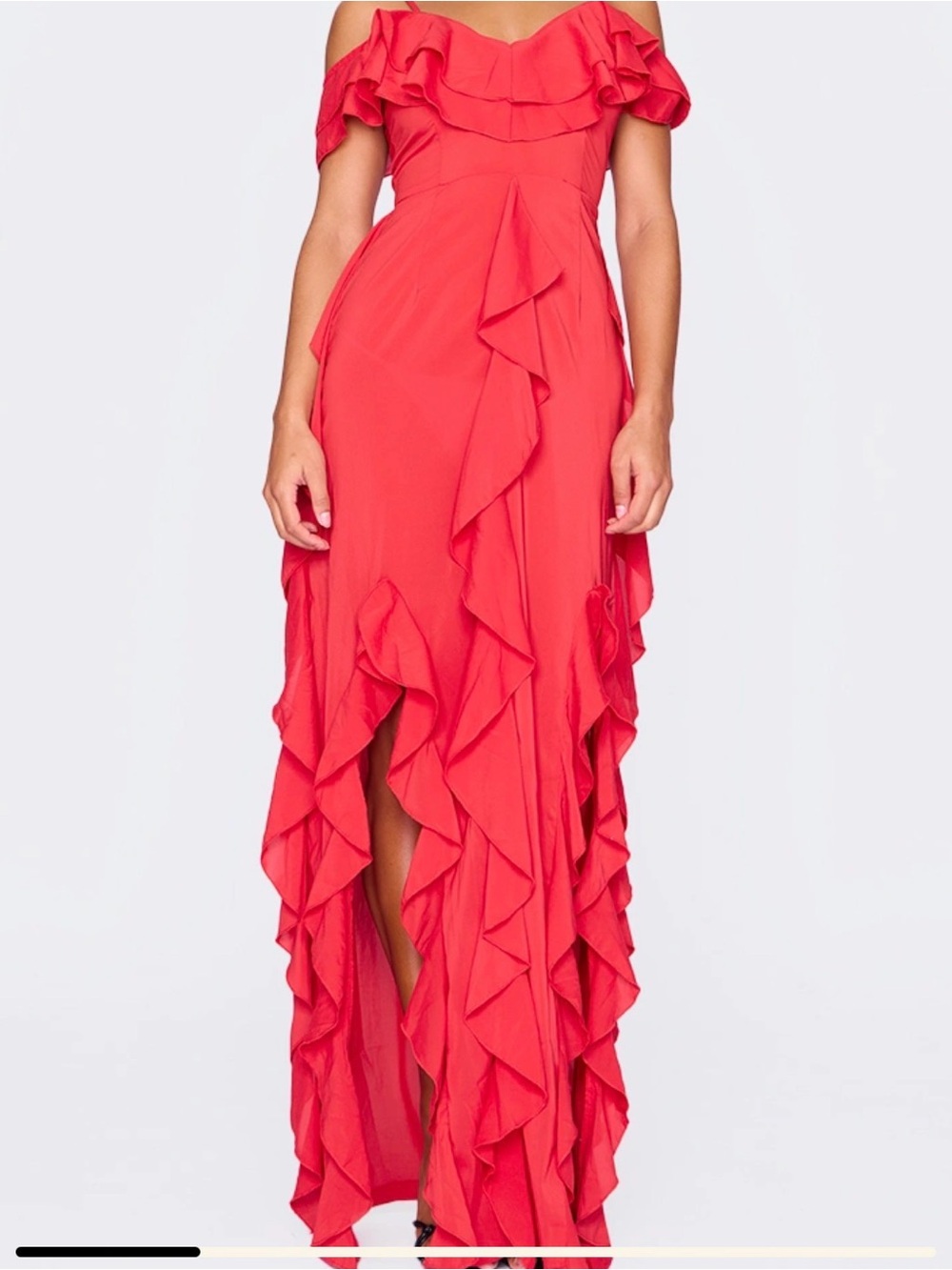 Pretty little thing- Red Off-Shoulder Ruffle Maxi Dress